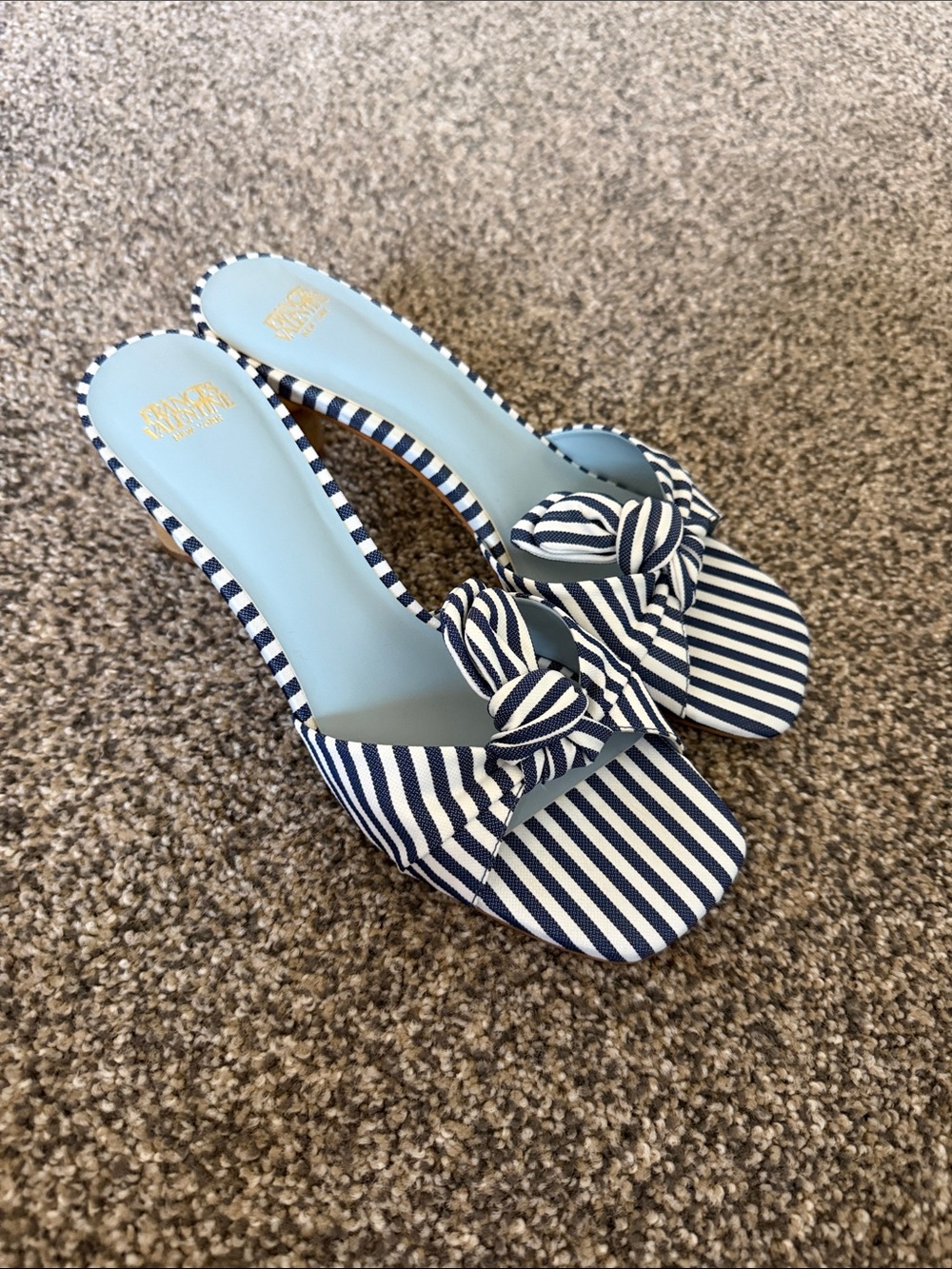 Frances Valentine Navy and White Striped Knot Slide Sandals